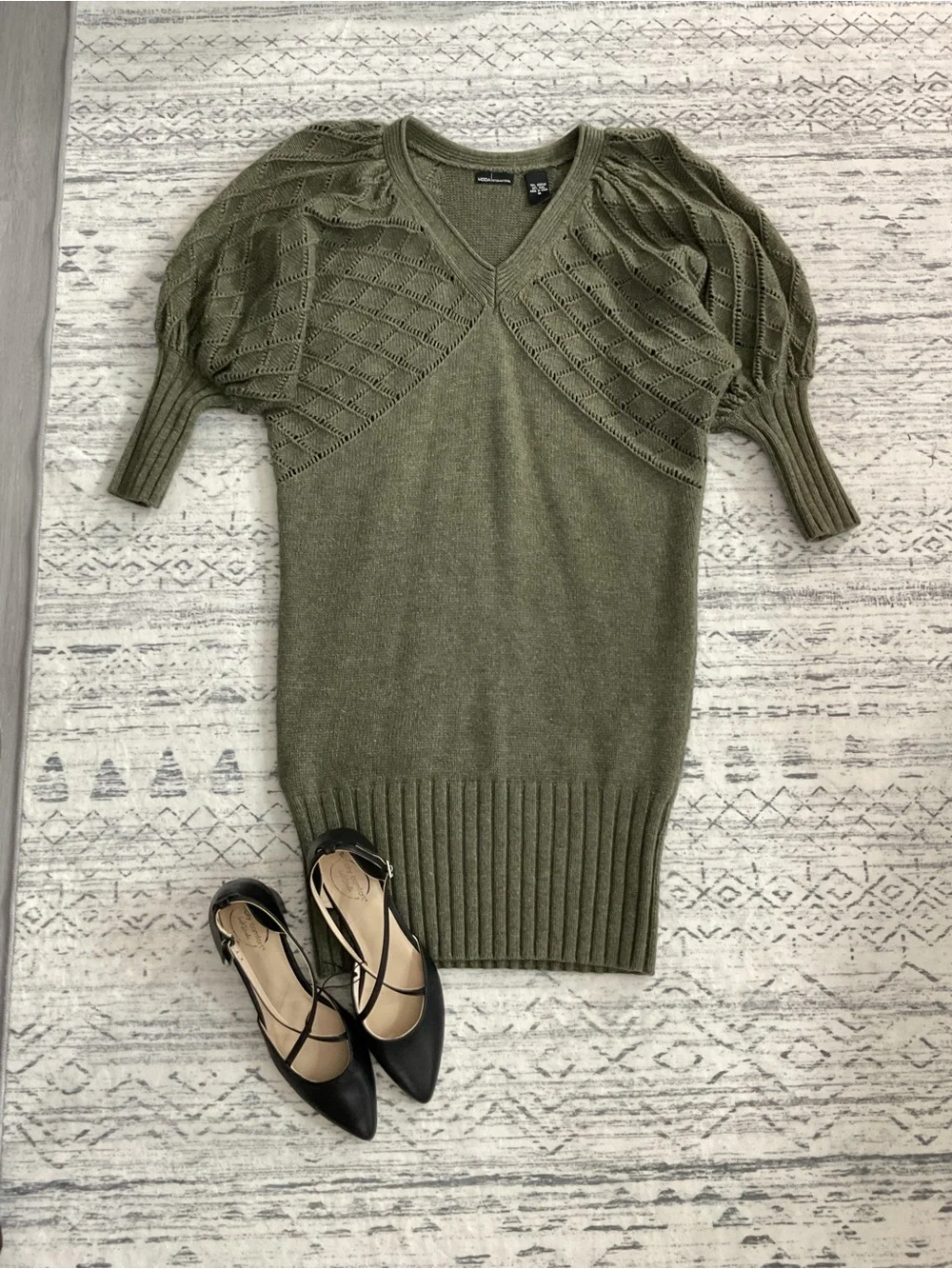 Life Stride Black Ankle Strap Heels + Moda Int’l Olive Green Sweater Dress Fall